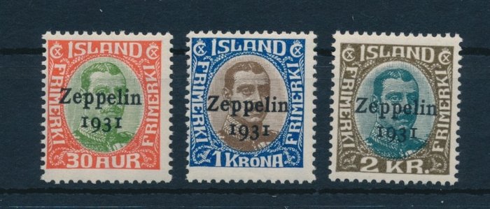 Island 1931 - Komplet sæt 30 Aur - 2 kr til Islandsrejsen på LZ 127 med fotocertifikat af vinderen