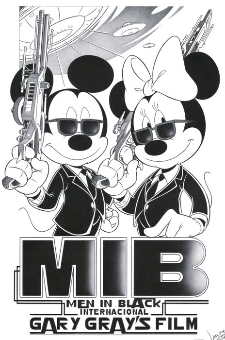 Jaume Esteve - Mickey  Minnie as "Men In Black" (1997 Film) Agents - Original Pencil Drawing - 45 x 32 cm