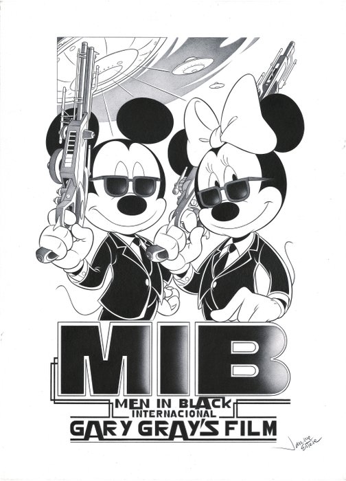 Jaume Esteve - Mickey  Minnie as "Men In Black" (1997 Film) Agents - Original Pencil Drawing - 45 x 32 cm