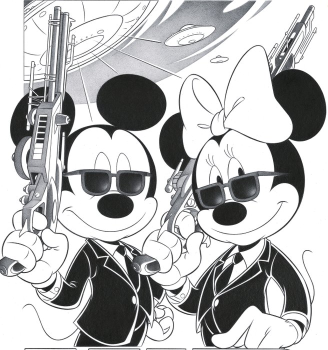 Jaume Esteve - Mickey  Minnie as "Men In Black" (1997 Film) Agents - Original Pencil Drawing - 45 x 32 cm