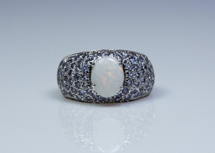 Ingen mindstepris - Ring - 925 sølv - 1,20 ct opal - 1,00 ct tanzanit (testet)