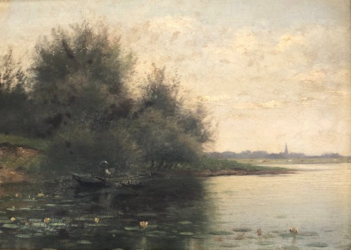 Barend Leonardus Hendriks (1830-1899) - Waterplas met figuur in bootje en waterplanten