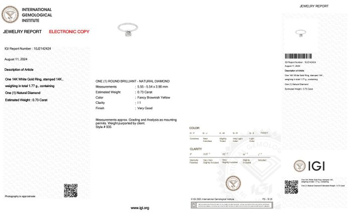 Ring - 14 karat Hvidguld -  0.73ct. tw. Gul Diamant (Naturfarvet)