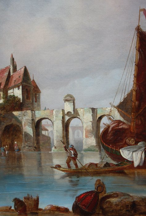 British school (ca. 1860) - Harbour with a medieval bridge