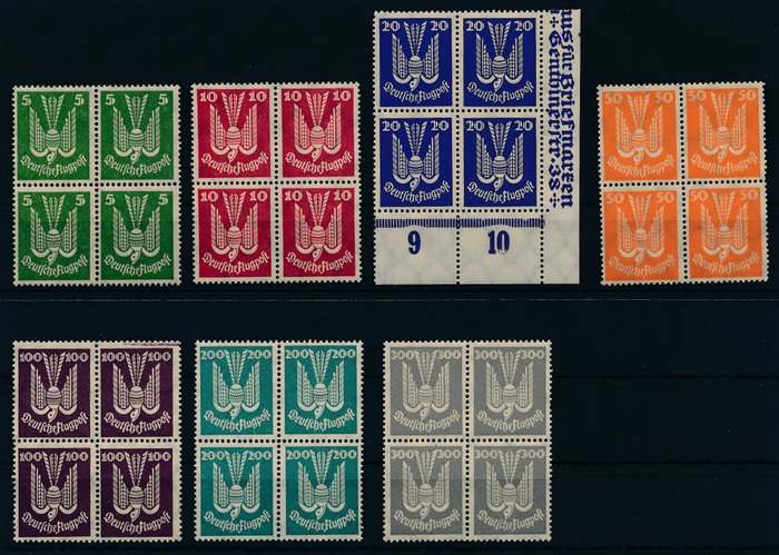 Tyske Kejserrige 1924 - Trædue, 5 Pf - 3 mark, komplet sæt med 7 værdier i mynteblokke af 4 - Michel Nr. 344 X - 350 X