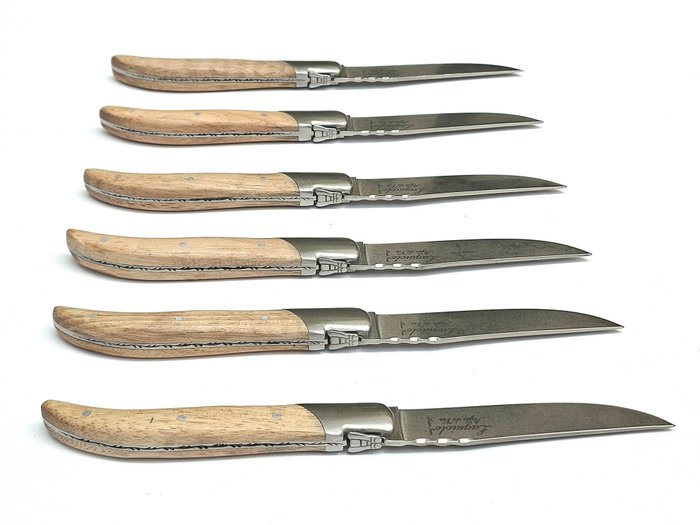 Laguiole - 6x Luxury Steak Knives - Oak Wood - stonewash blade finish - style de - Bordknive sæt (6) - Rustfrit stål