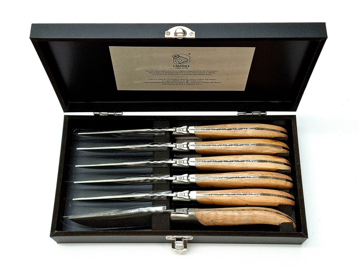 Laguiole - 6x Luxury Steak Knives - Oak Wood - stonewash blade finish - style de - Bordknive sæt (6) - Rustfrit stål