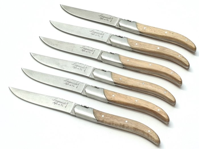 Laguiole - 6x Luxury Steak Knives - Oak Wood - stonewash blade finish - style de - Bordknive sæt (6) - Rustfrit stål