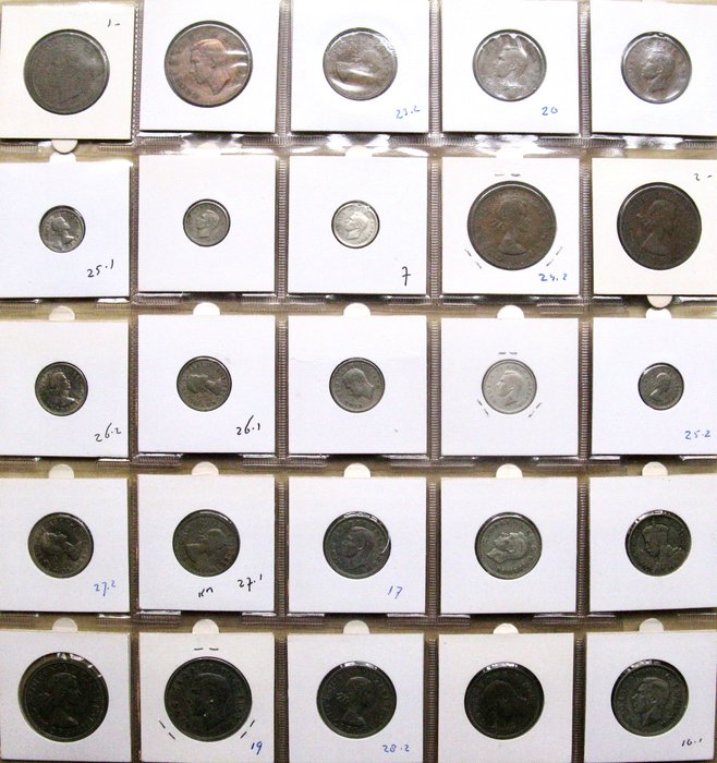 New Zealand Type collection old coins 1933-1962 (25 different pieces) including 5x silver  (Ingen mindstepris)