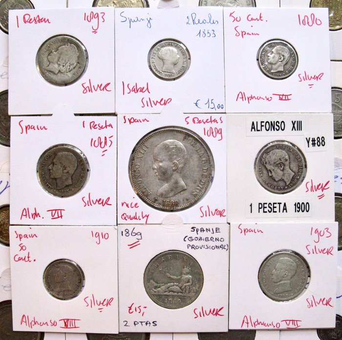 Spanien. Extensive collection of 210+ various coins 1853-2001 including 5 Pesetas 1889 and other silver coins  (Ingen mindstepris)