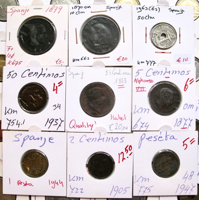 Spanien. Extensive collection of 210+ various coins 1853-2001 including 5 Pesetas 1889 and other silver coins  (Ingen mindstepris)