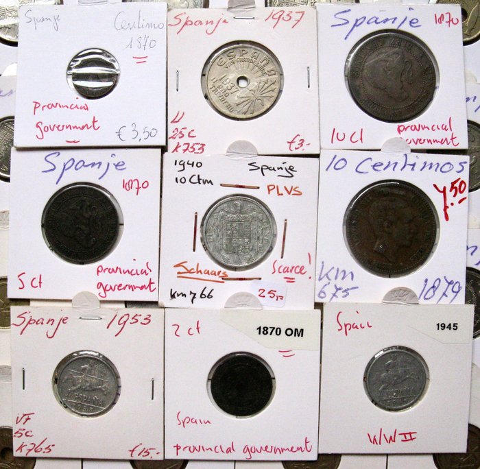 Spanien. Extensive collection of 210+ various coins 1853-2001 including 5 Pesetas 1889 and other silver coins  (Ingen mindstepris)