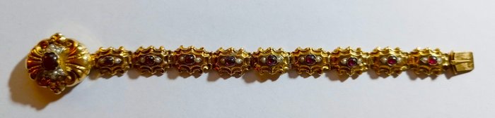 Armbånd - 8 karat Gulguld Granat - Perle - Unik Biedermeier