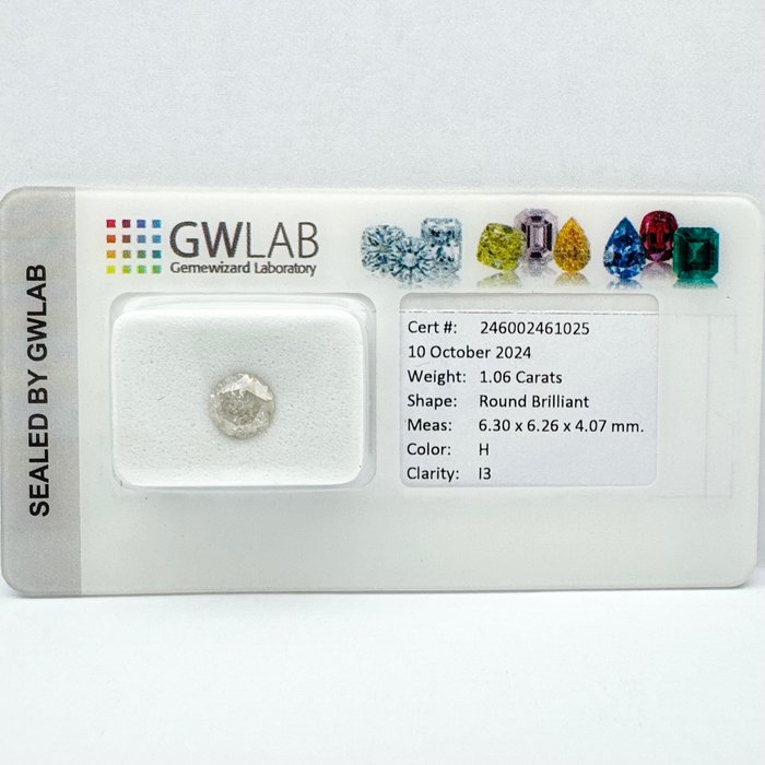 Ingen mindstepris - 1 pcs Diamant  (Natur)  - 1.06 ct - Rund - H - I3 - Gemewizard Gemological Laboratory (GWLab)