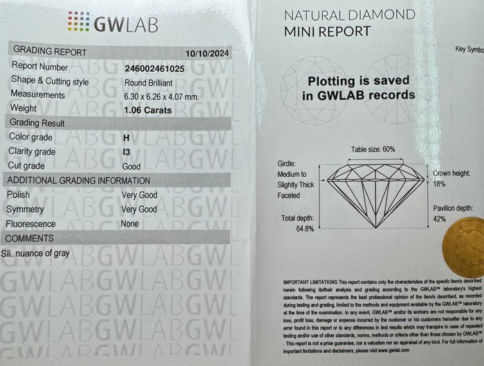 Ingen mindstepris - 1 pcs Diamant  (Natur)  - 1.06 ct - Rund - H - I3 - Gemewizard Gemological Laboratory (GWLab)