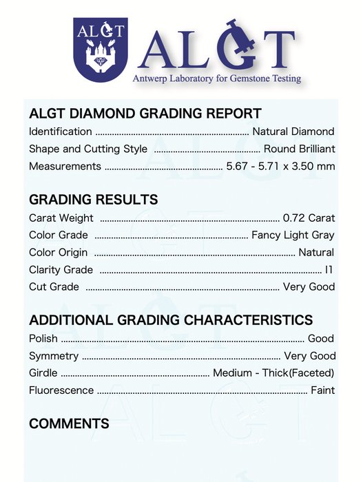 Ingen mindstepris - 1 pcs Diamant  (Naturfarvet)  - 072 ct - Rund - Fancy light Grå - I1 - Antwerp Laboratory for Gemstone Testing (ALGT)