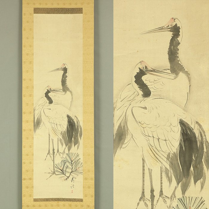 Twin Cranes and Pine Tree - In the style of Mori Kansai 森寛斎 (1814-1894) - Japan - Sene Edo-periode  (Ingen mindstepris)