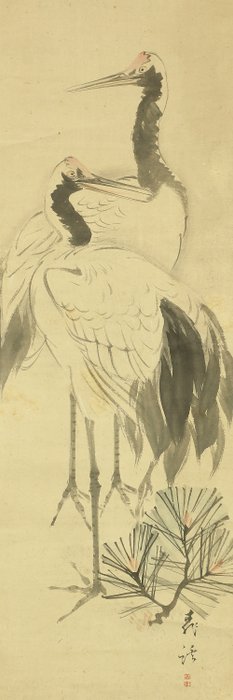 Twin Cranes and Pine Tree - In the style of Mori Kansai 森寛斎 (1814-1894) - Japan - Sene Edo-periode  (Ingen mindstepris)