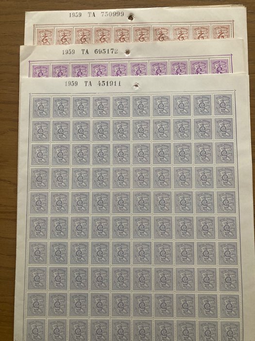 Belgien 1951/1957 - Nummer på heraldisk løve: 5c violetgrå - 2c gulbrun - 3c lyslilla i ark med 4 x 100 - OBP/COB 849 + 1026A/B