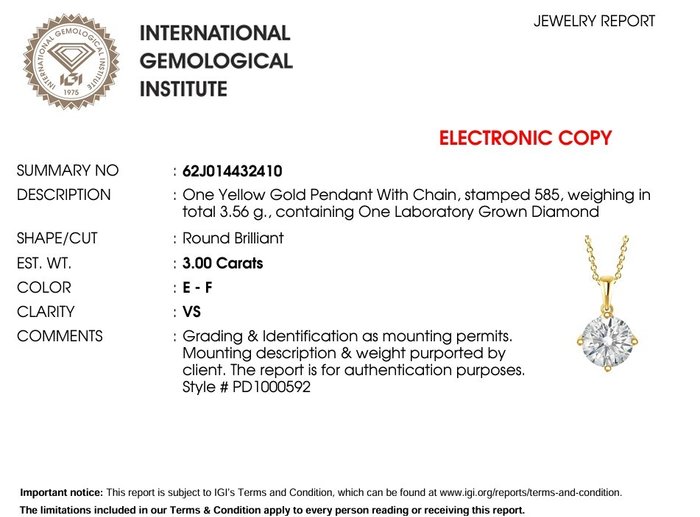 Vedhæng - 14 karat Gulguld -  3.00ct. tw. Diamant (Laboratoriedyrket)