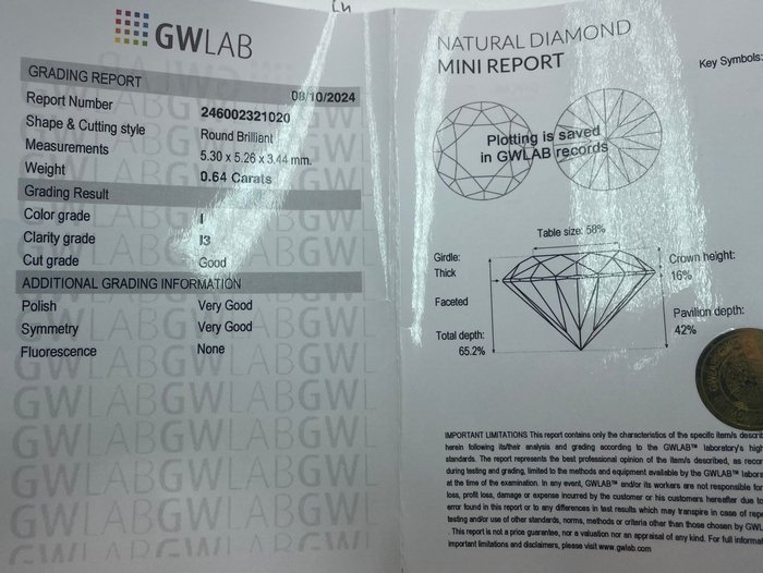 Ingen mindstepris - 1 pcs Diamant  (Natur)  - 0.64 ct - Rund - I - I3 - Gemewizard Gemological Laboratory (GWLab)