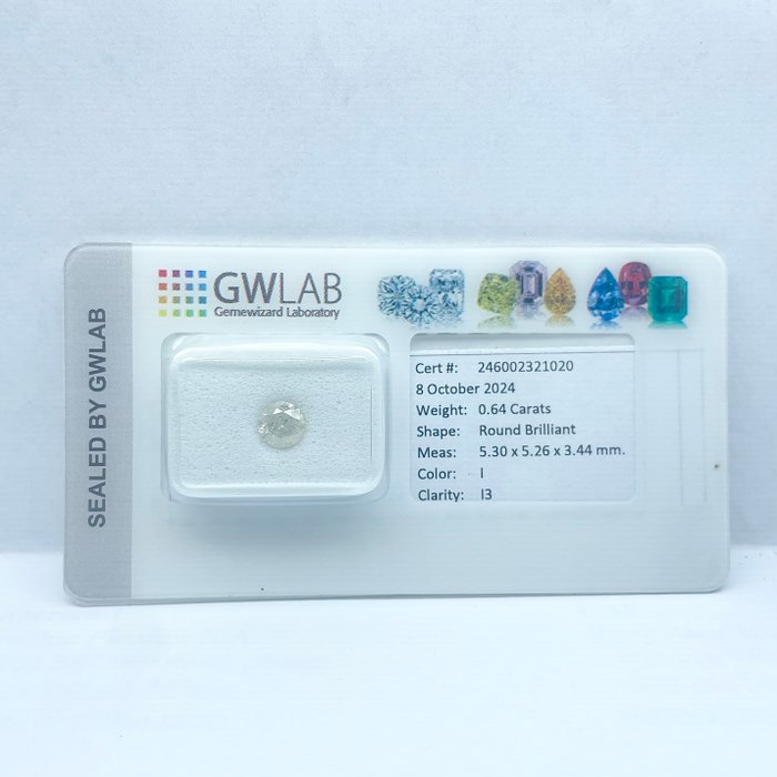 Ingen mindstepris - 1 pcs Diamant  (Natur)  - 0.64 ct - Rund - I - I3 - Gemewizard Gemological Laboratory (GWLab)