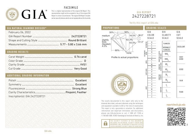 1 pcs Diamant  (Natur)  - 0.76 ct - Rund - D (farveløs) - VVS1 - Gemological Institute of America (GIA)