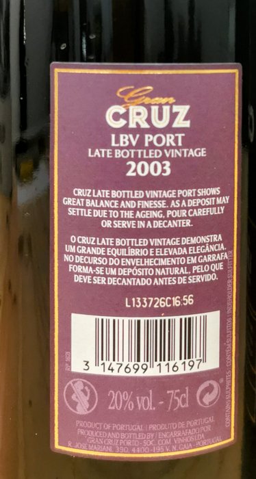 2003 Gran Cruz - Late Bottled Vintage Port -  Porto  - 6 Flasker (0,75 L)