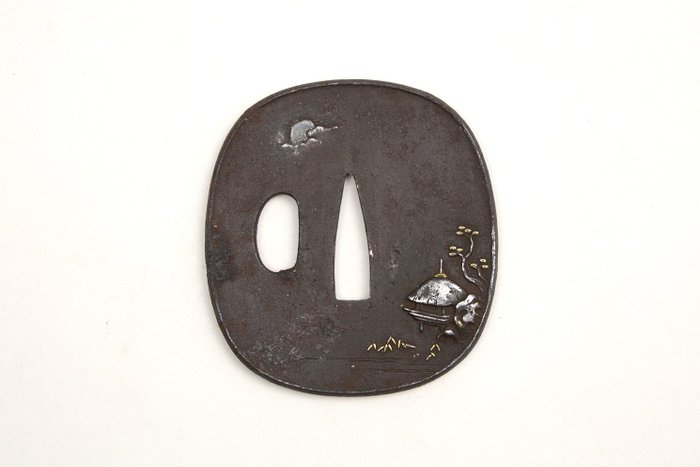 Tsuba med guld og sølv indlæg med trækasse - Japan - Edo-perioden (1600-1868)