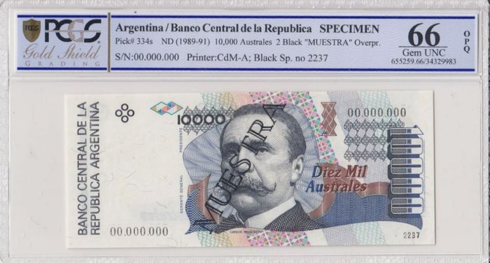 Argentina. - 10 000 Australes - ND (1989-91) - Specimen - Pick 334s