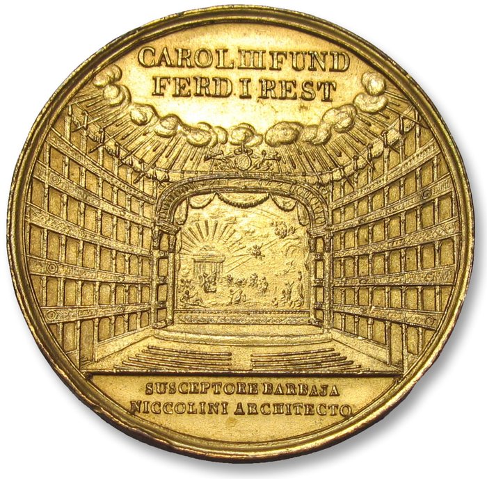 Italien. Ferdinand 1. af Borbone (1816-1825). Historical Medal 37mm AE gilded medal 1817: Restoration of San Carlo Theatre in Naples by Ferdinand I