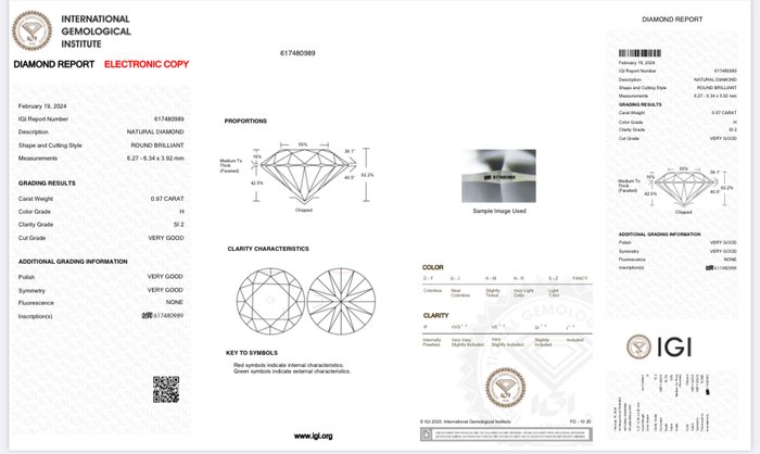 1 pcs Diamant  (Natur)  - 097 ct - Rund - H - SI2 - International Gemological Institute (IGI)