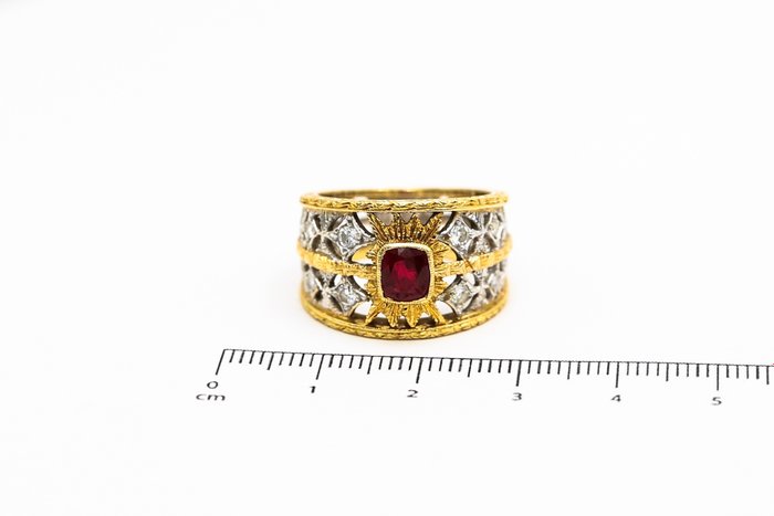 Ring - 18 kraat Gulguld Hvidguld Rubin - Diamant