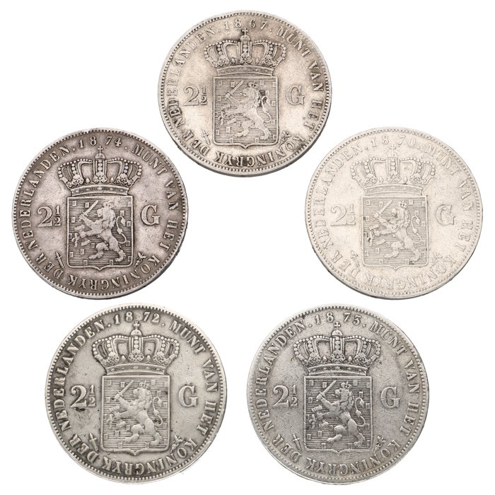 Holland. Willem III (1849-1890). 2½ Gulden 1867/1874  (5 stuks)  (Ingen mindstepris)