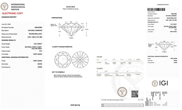 Ingen mindstepris - 1 pcs Diamant  (Naturfarvet)  - 0.91 ct - Rund - Fancy light Gul Grå - SI2 - International Gemological Institute (IGI)