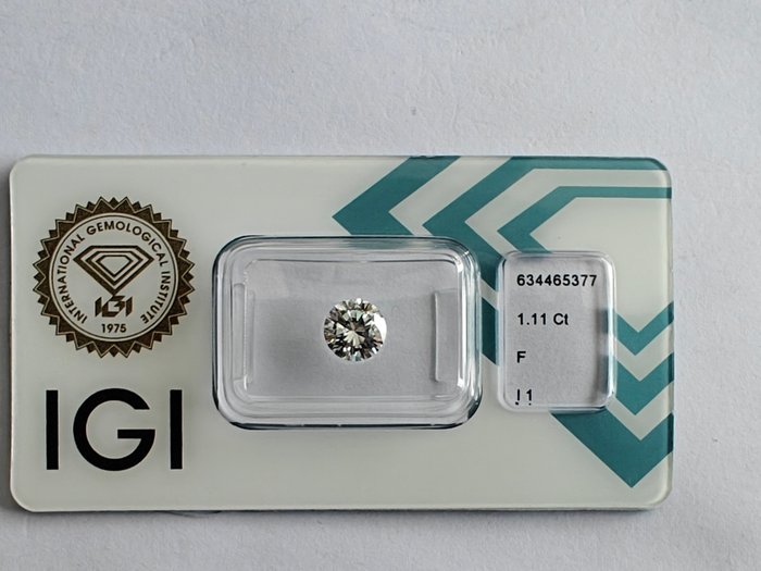 1 pcs Diamant  (Natur)  - 111 ct - Rund - F - I1 - International Gemological Institute (IGI)