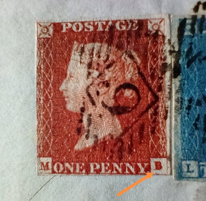 Storbritannien  - 1846 helomslag, SG8 1d Rødbrun med SG14 2d Blå, "blind B" på 1d.  (Gibbons CV £395+, 2018)