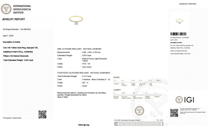 Ring - 14 karat Gulguld -  0.64ct. tw. Diamant (Naturfarvet) - Diamant