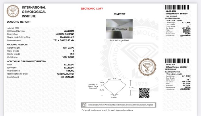 Ingen mindstepris - 1 pcs Diamant  (Natur)  - 0.71 ct - Pære - F - VS1 - International Gemological Institute (IGI)