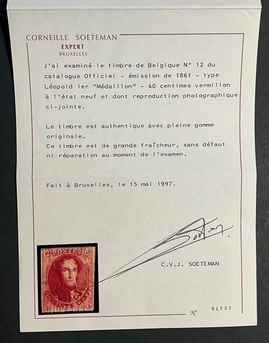 Belgien 1861 - Leopold I Medallion - 40c Vermilion - Klar nuance - Brede marginer - POSTFRIS - OBP 12 - met certificaat SOETEMAN