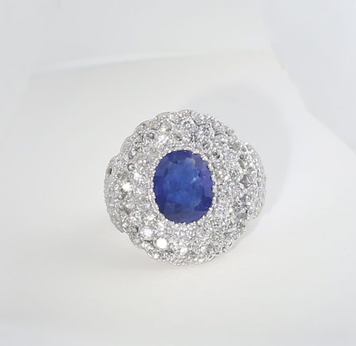 Statement-ring - 14 karat Hvidguld -  9.25ct. tw. Safir - Diamant - Blå Safir Diamon Ring