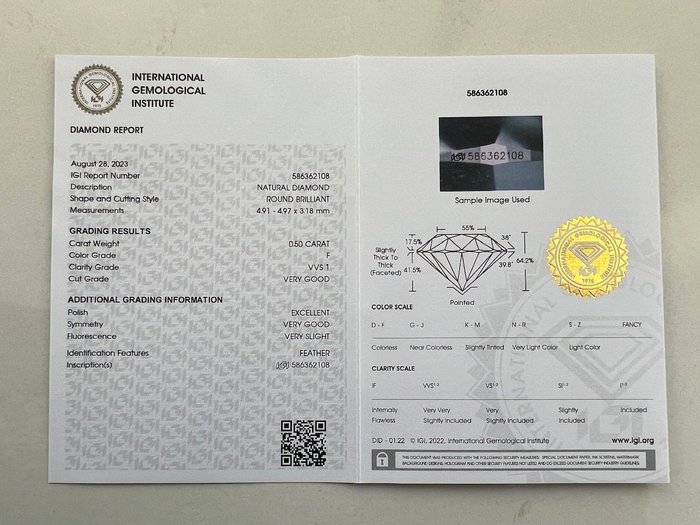 1 pcs Diamant  (Natur)  - 0.50 ct - Rund - F - VVS1 - International Gemological Institute (IGI)