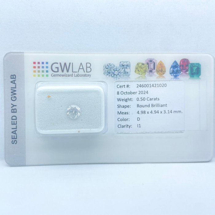 Ingen mindstepris - 1 pcs Diamant  (Natur)  - 0.50 ct - Rund - D (farveløs) - I1 - Gemewizard Gemological Laboratory (GWLab)