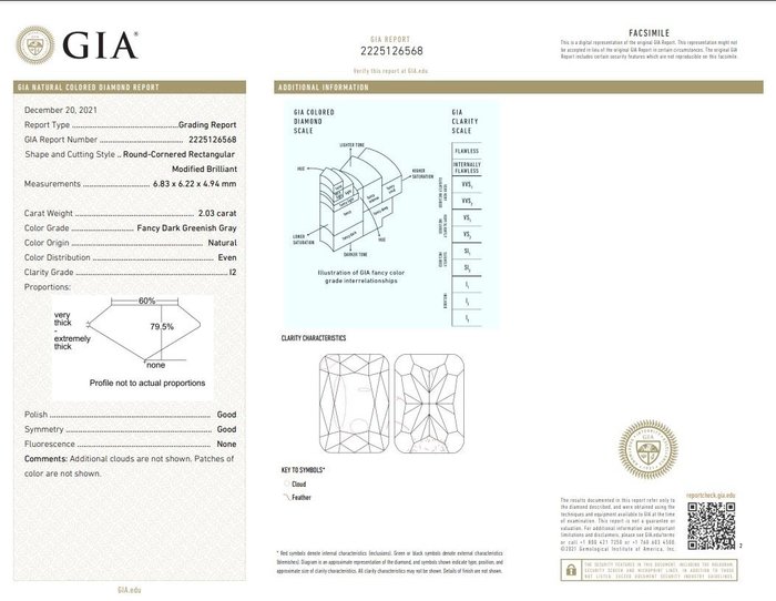 1 pcs Diamant  (Naturfarvet)  - 2.03 ct - Radiant - Fancy dark Grønlig Grå - I2 - Gemological Institute of America (GIA)