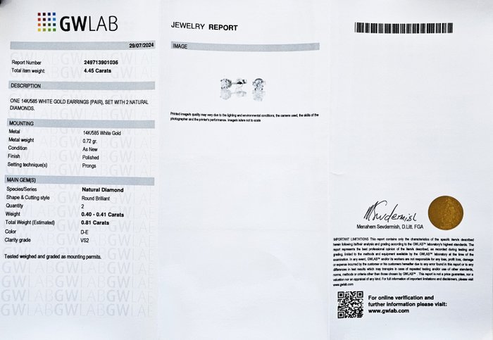 Øreringe - 14 karat Hvidguld -  0.81ct. tw. Diamant (Natur) - D-E / VS2