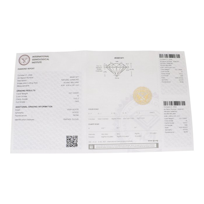 Ingen mindstepris - 1 pcs Diamant  (Natur)  - 0.31 ct - Rund - G - VVS2 - International Gemological Institute (IGI)