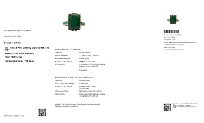 Ingen mindstepris - Ring - 14 karat Hvidguld Rosaguld -  990ct tw Smaragd - Smaragd - IGI 895 ct Grøn