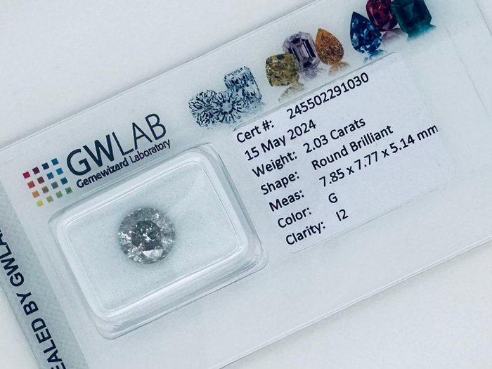 Ingen mindstepris - 1 pcs Diamant  (Natur)  - 2.03 ct - Rund - G - I2 - Gemewizard Gemological Laboratory (GWLab)