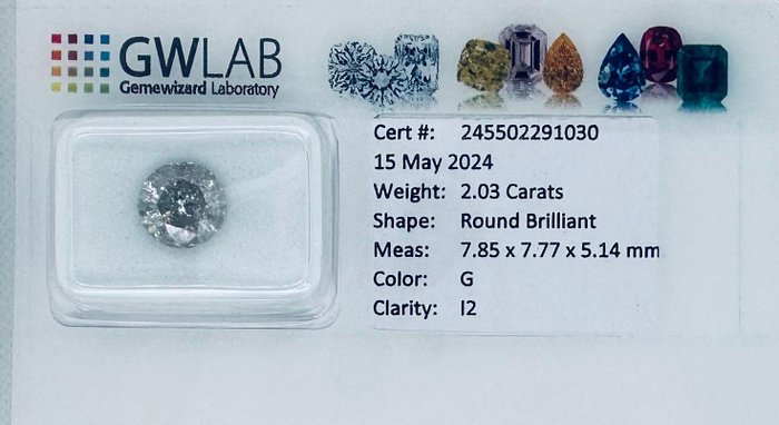 Ingen mindstepris - 1 pcs Diamant  (Natur)  - 2.03 ct - Rund - G - I2 - Gemewizard Gemological Laboratory (GWLab)