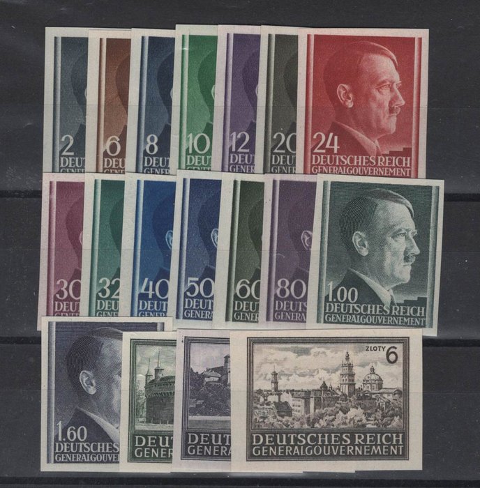 Generalgouvernement 1941/1944 - "Hitler" imperforeret, 15 værdier + 3 mere imperforerede